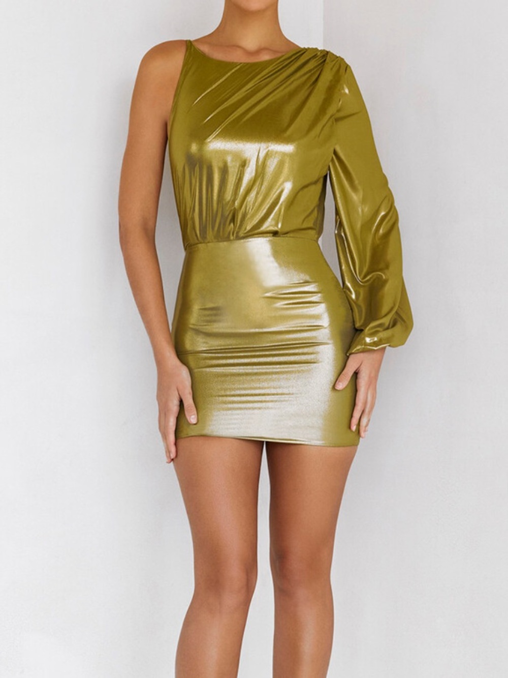 Mistress Rocks Metallic Olive One-Shoulder Mini Dress